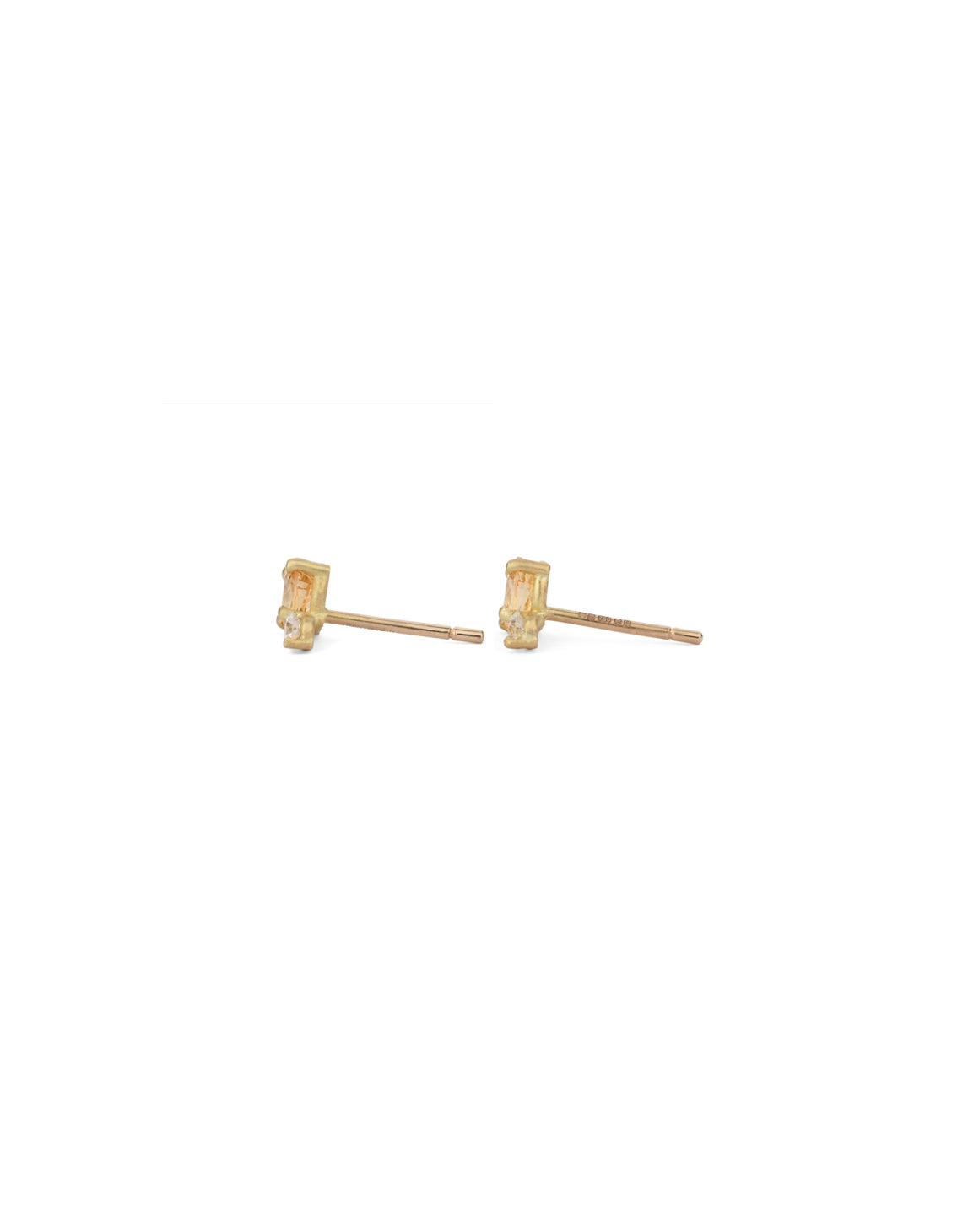 Stud earrings with oval yellow sapphires and white diamonds. 18ct yellow gold, satin finish. Side view.