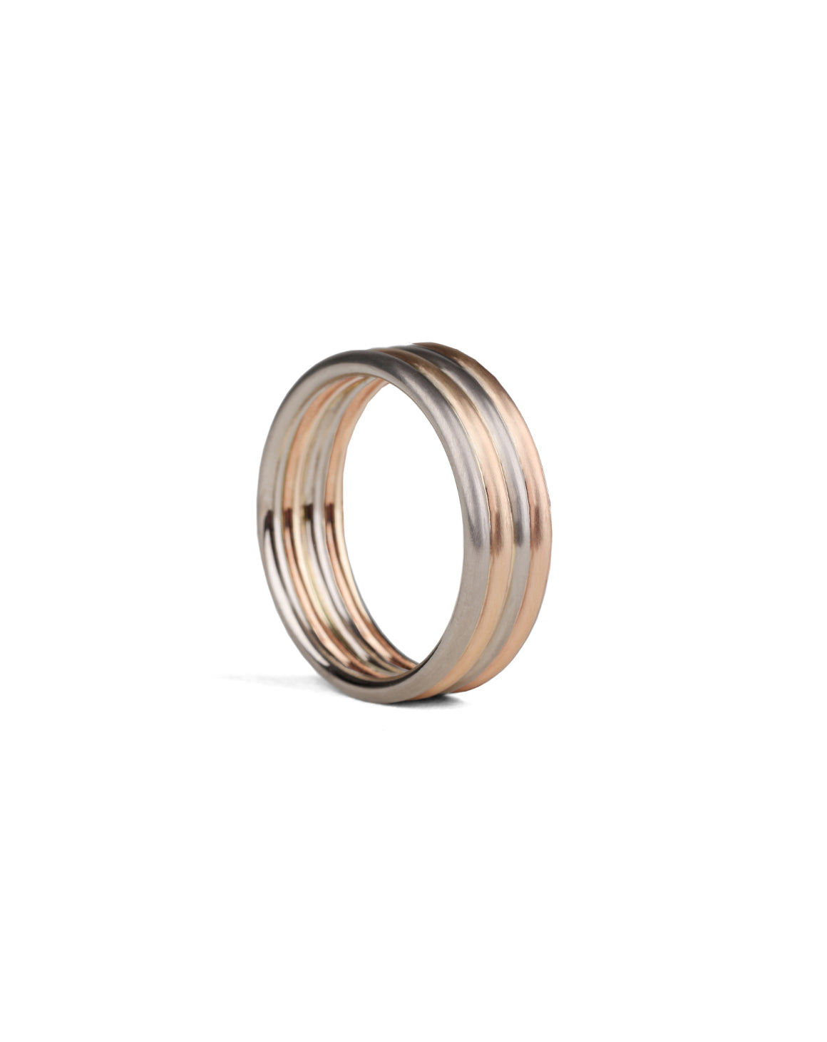 Wedding ring, four joined bands. 18ct yellow and rose gold, satin finish.