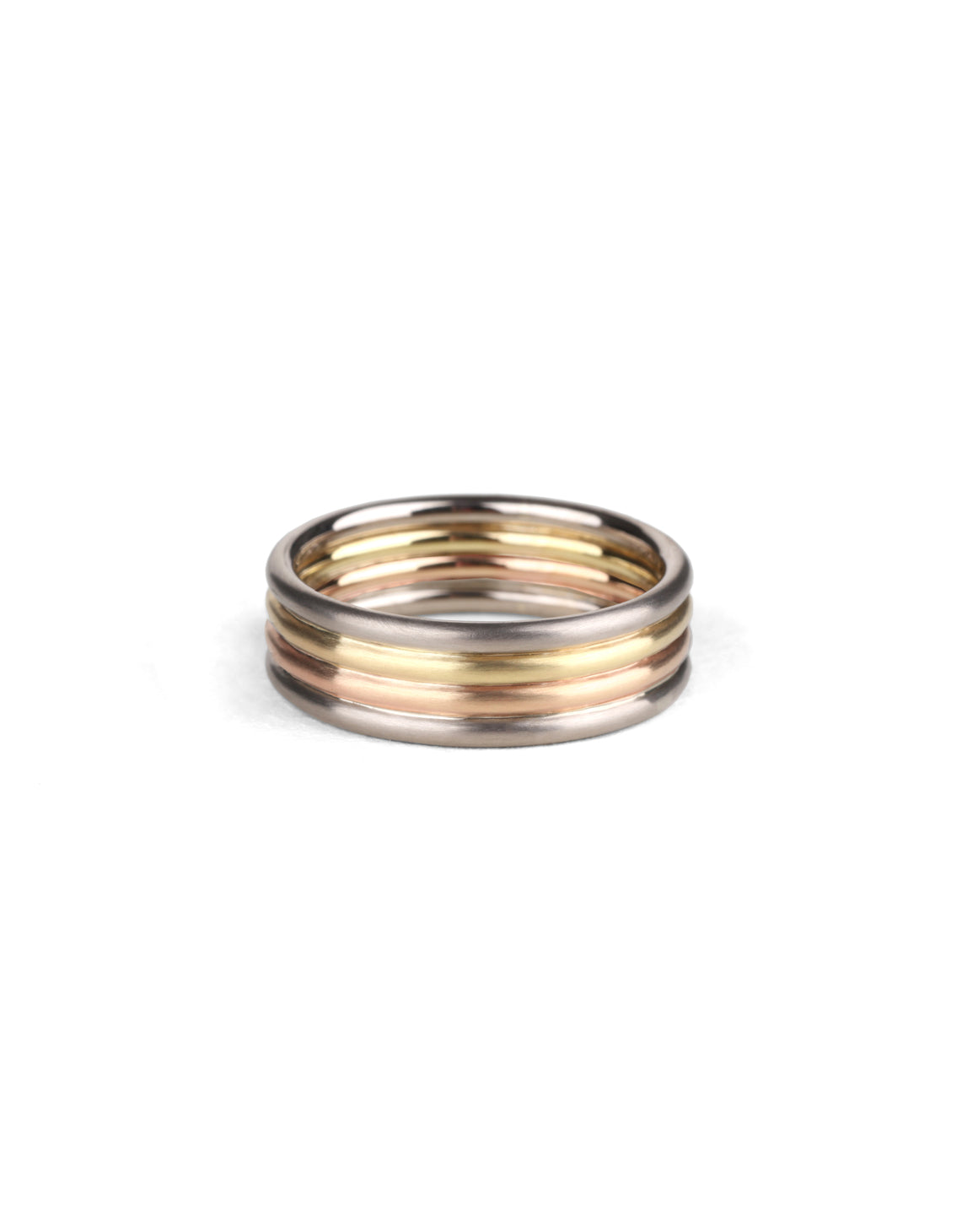Wedding ring, four joined bands. 18ct yellow, white and rose gold, satin finish.