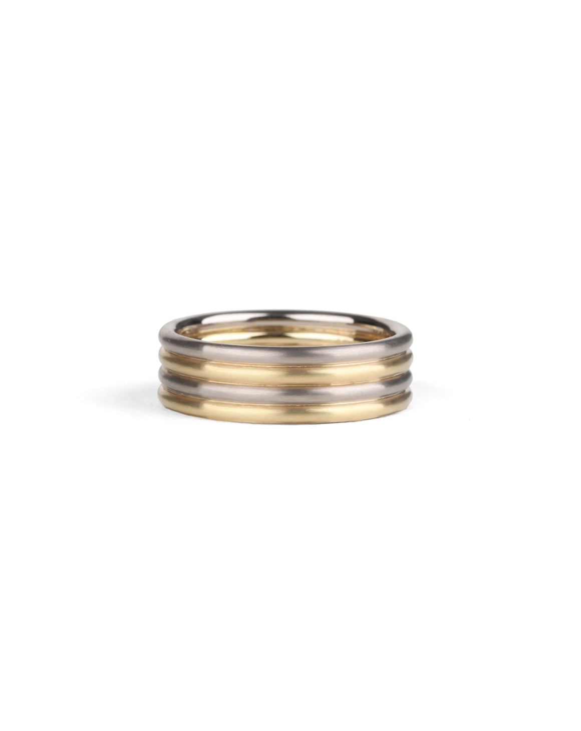 Wedding ring, four joined bands. 18ct yellow and white gold, satin finish.