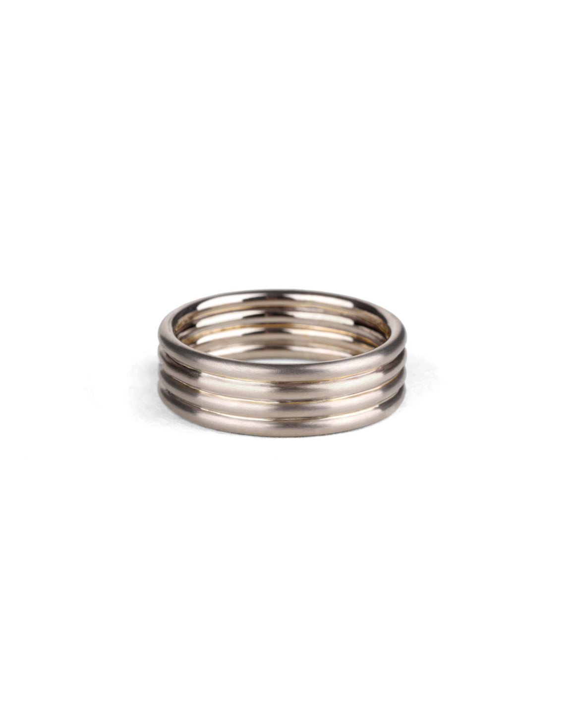 Wedding ring, four joined bands. 18ct white gold, satin finish.