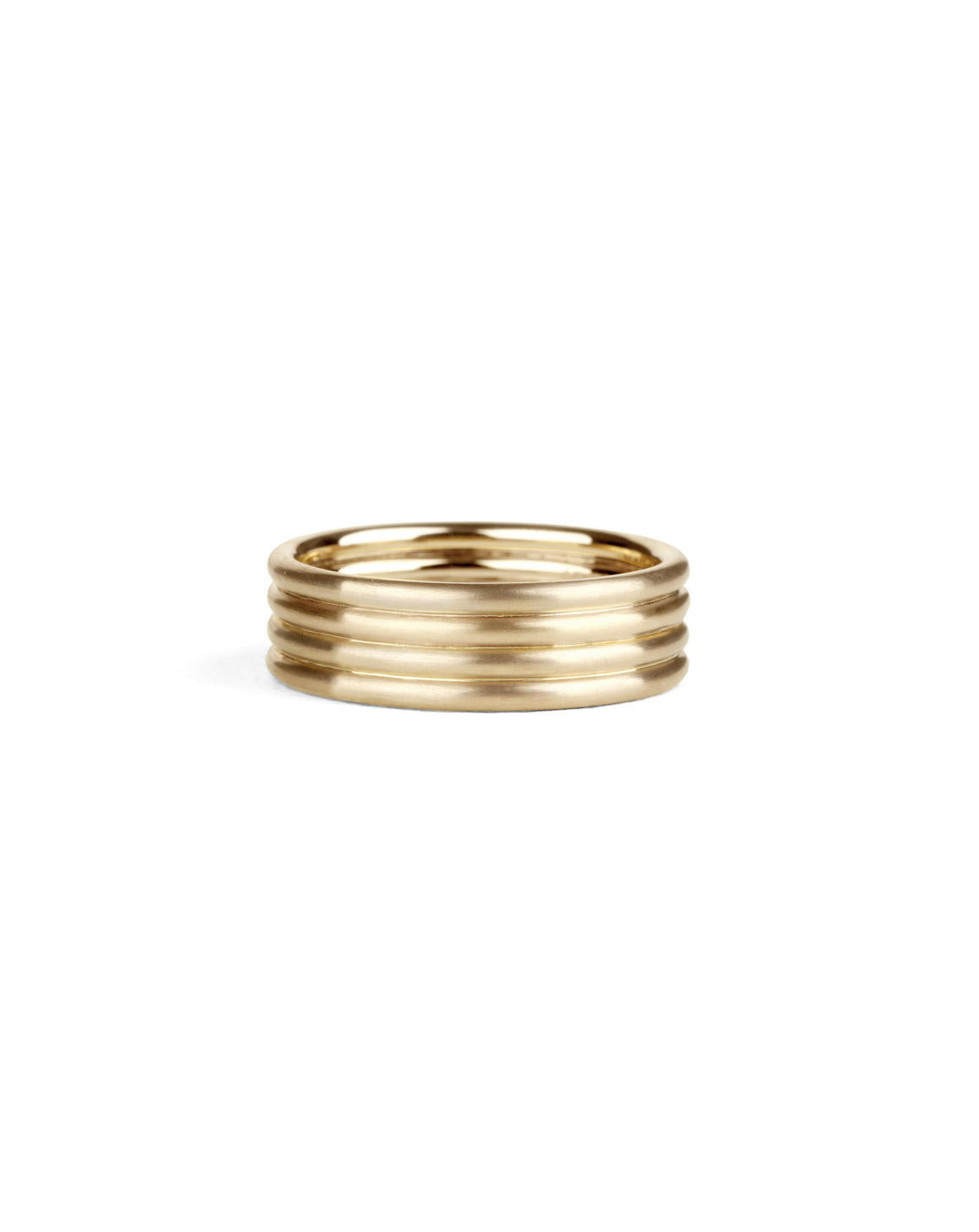 Wedding ring, four joined bands. 18ct yellow gold, satin finish.