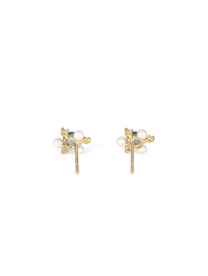 Blue sapphire, white diamond and pearl earstuds.  Back detail.