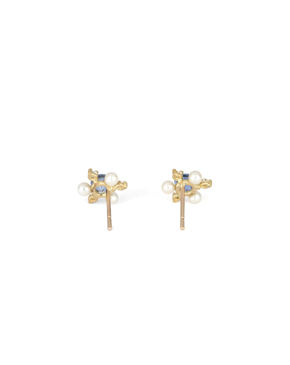 Blue sapphire, white diamond and pearl earstuds.  Back detail.