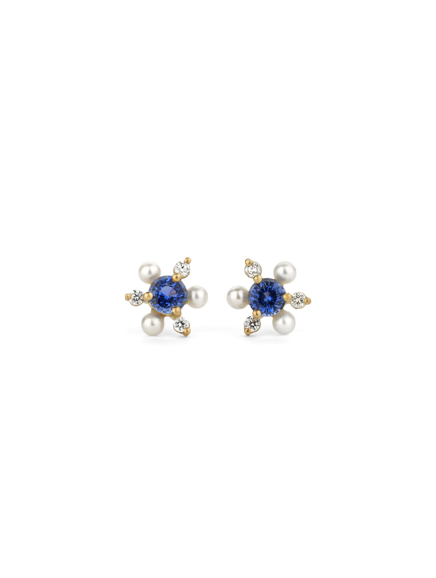 Blue sapphire, white diamond and pearl earstuds. 
