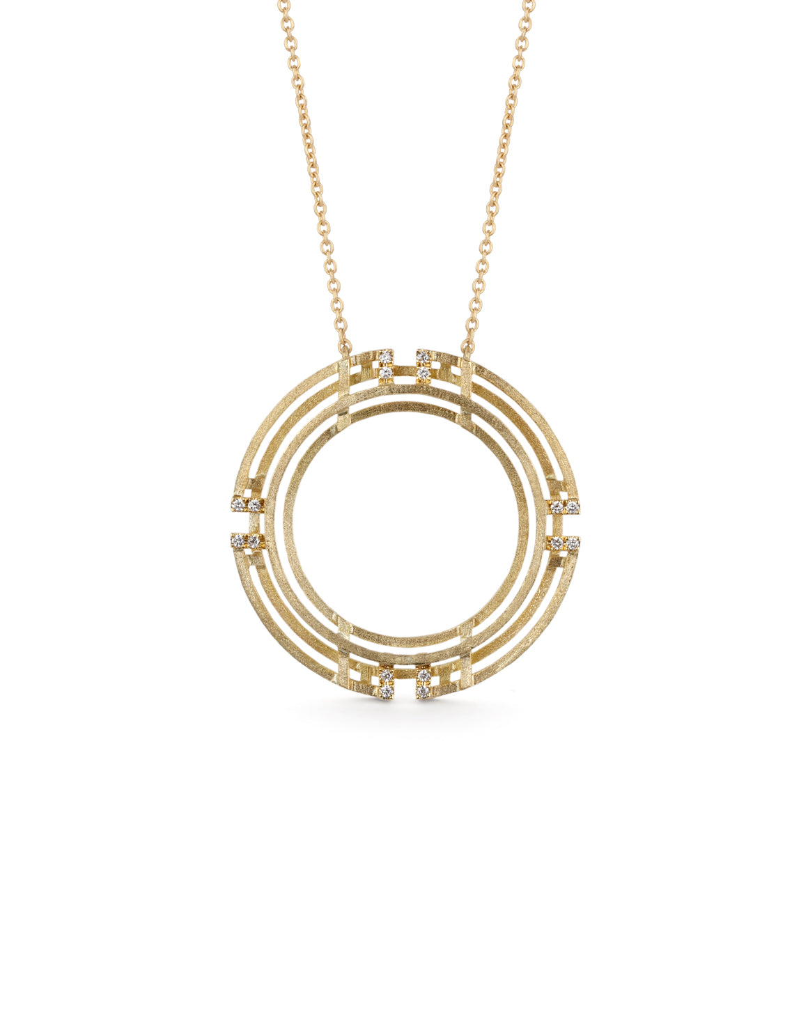 Geometric statement pendant with tiny diamond detail. 18ct yellow gold, textured finish.