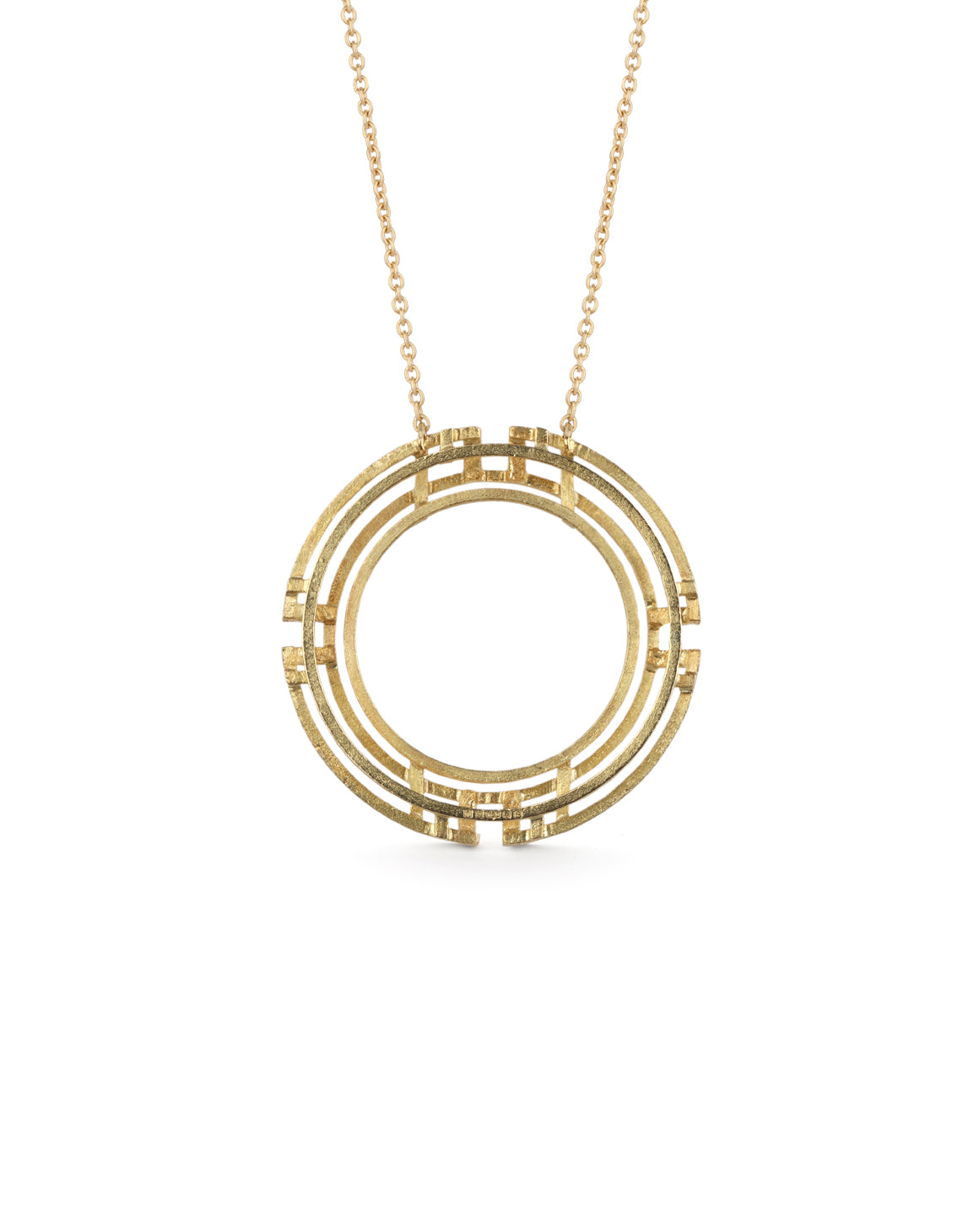 Geometric statement pendant with tiny diamond detail. 18ct yellow gold, textured finish. Back view.