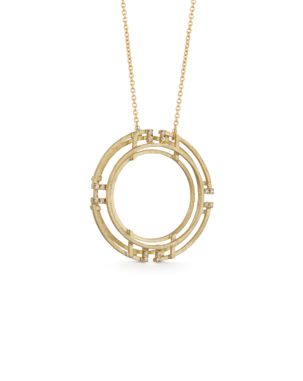Geometric statement pendant with tiny diamond detail. 18ct yellow gold, textured finish.
