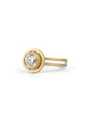 Geometric solitaire ring with circular detail and double band. 18ct yellow gold, textured gold. Side view.