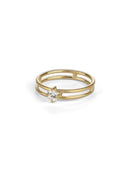 Solitaire ring with round white diamond and double band. 18ct yellow gold, satin finish.