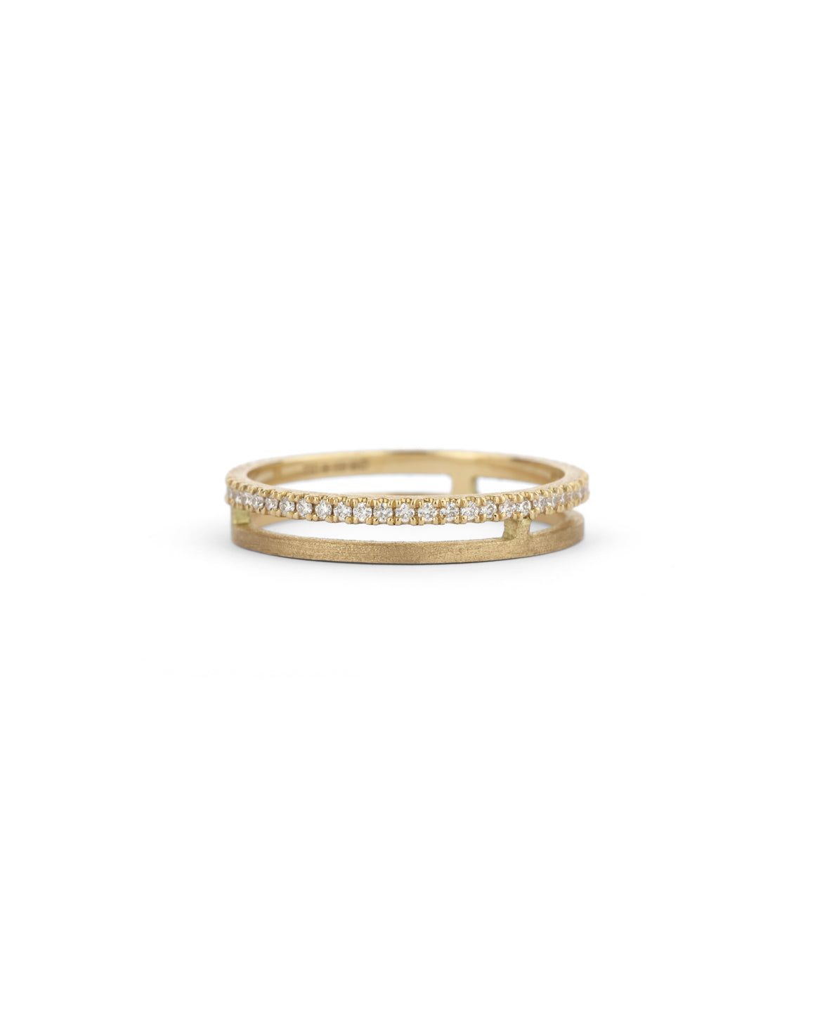18ct yellow gold double band ring, with one band set with white diamonds, textured finish.