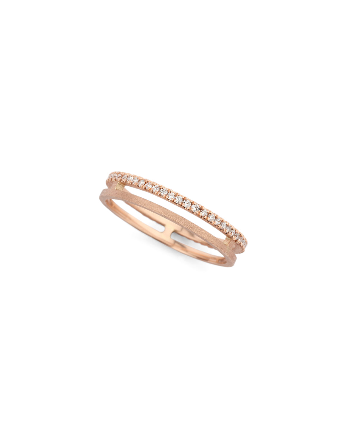 18ct rose gold double band ring, with one band set with white diamonds, textured finish.