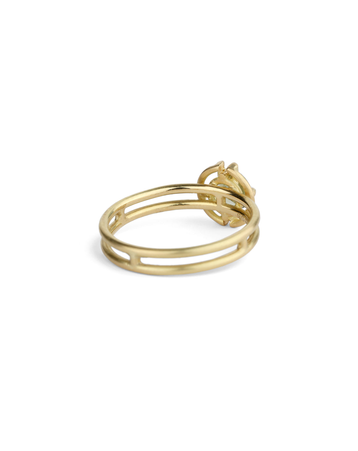 Round green sapphire ring with geometric detail. 18ct yellow gold, satin finish. Back view.