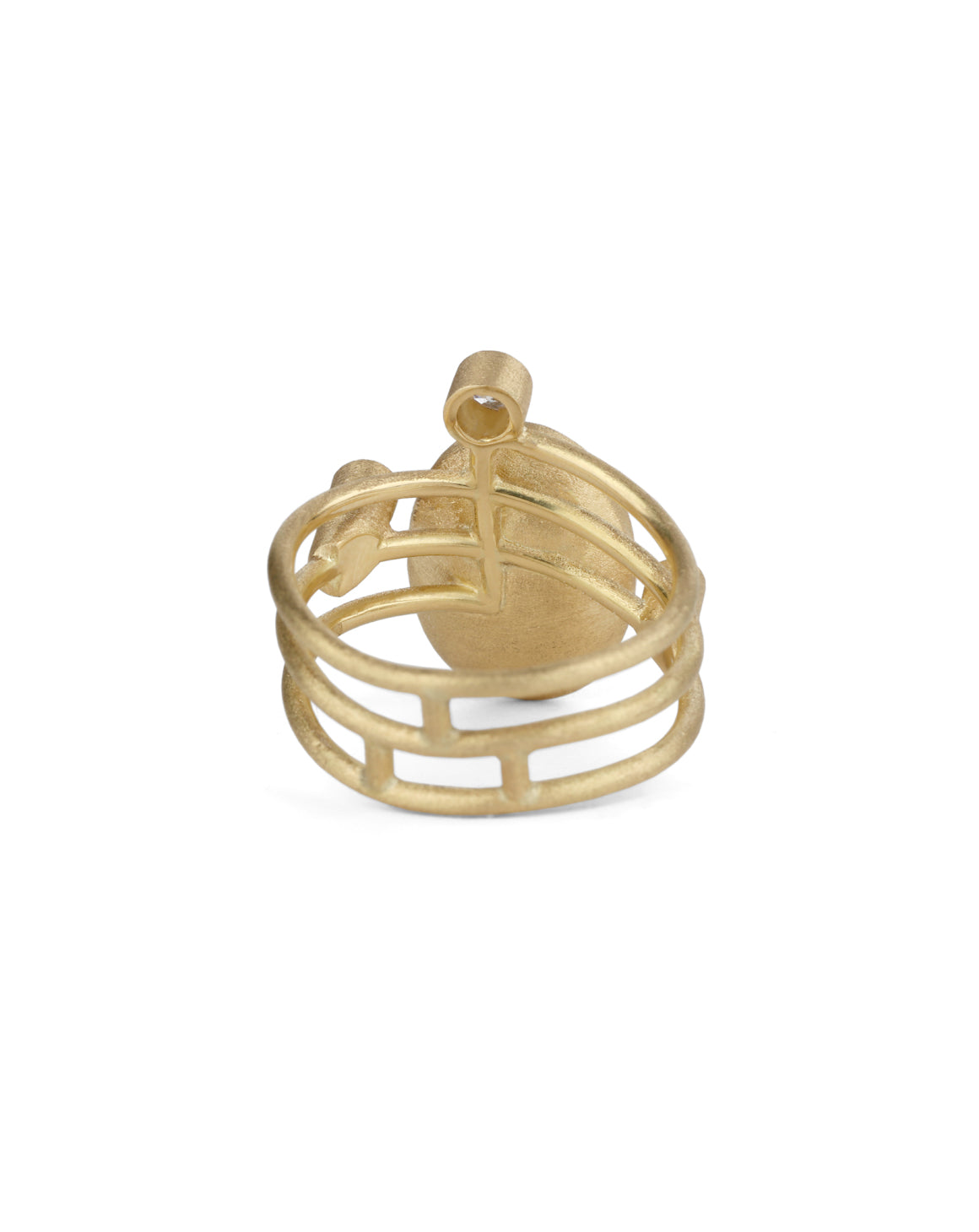 Light green jadeite and white diamond statement ring. Spiral band, 18ct yellow gold, textured finish. Back view.