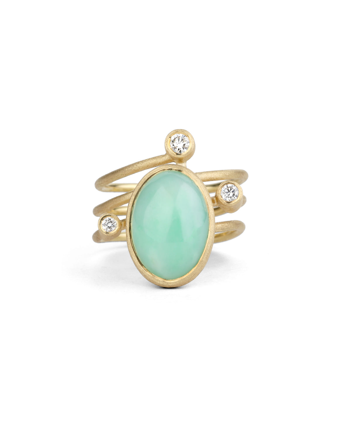 Light green jadeite and white diamond statement ring. Spiral band, 18ct yellow gold, textured finish.
