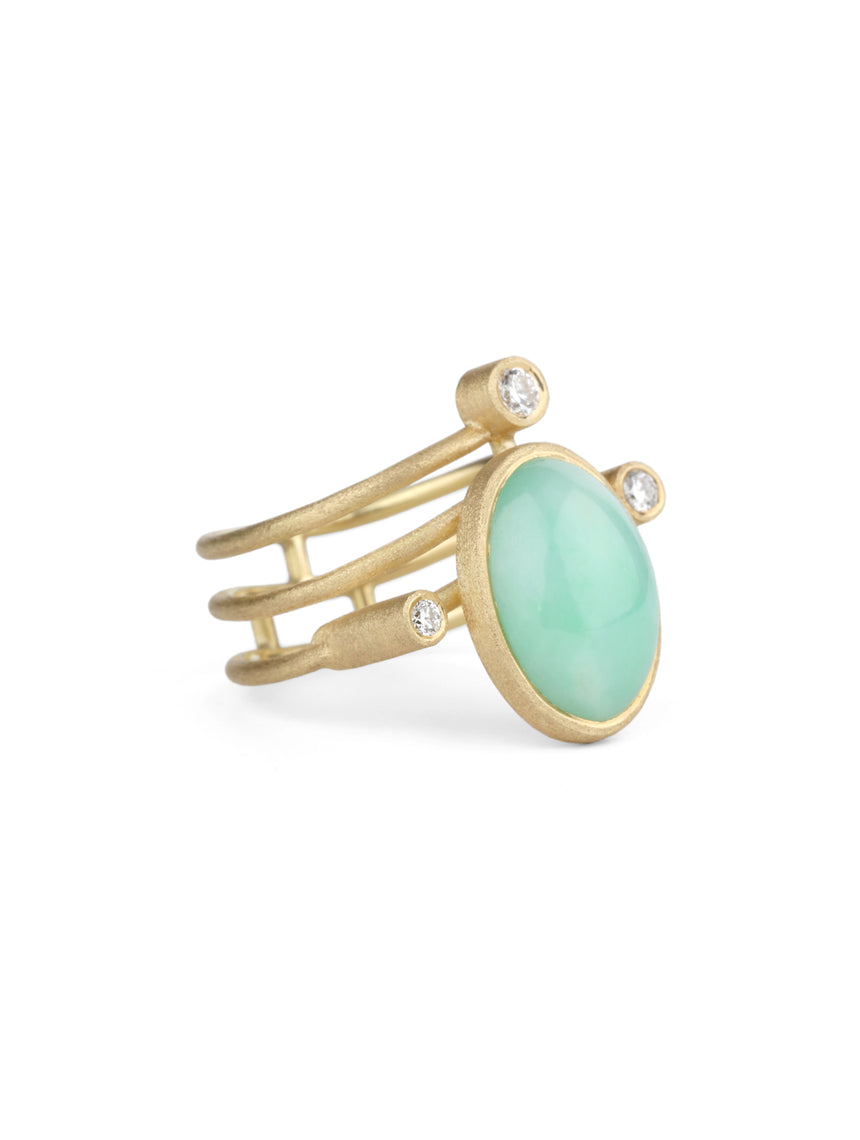 Light green jadeite and white diamond statement ring. Spiral band, 18ct yellow gold, textured finish. Side view.