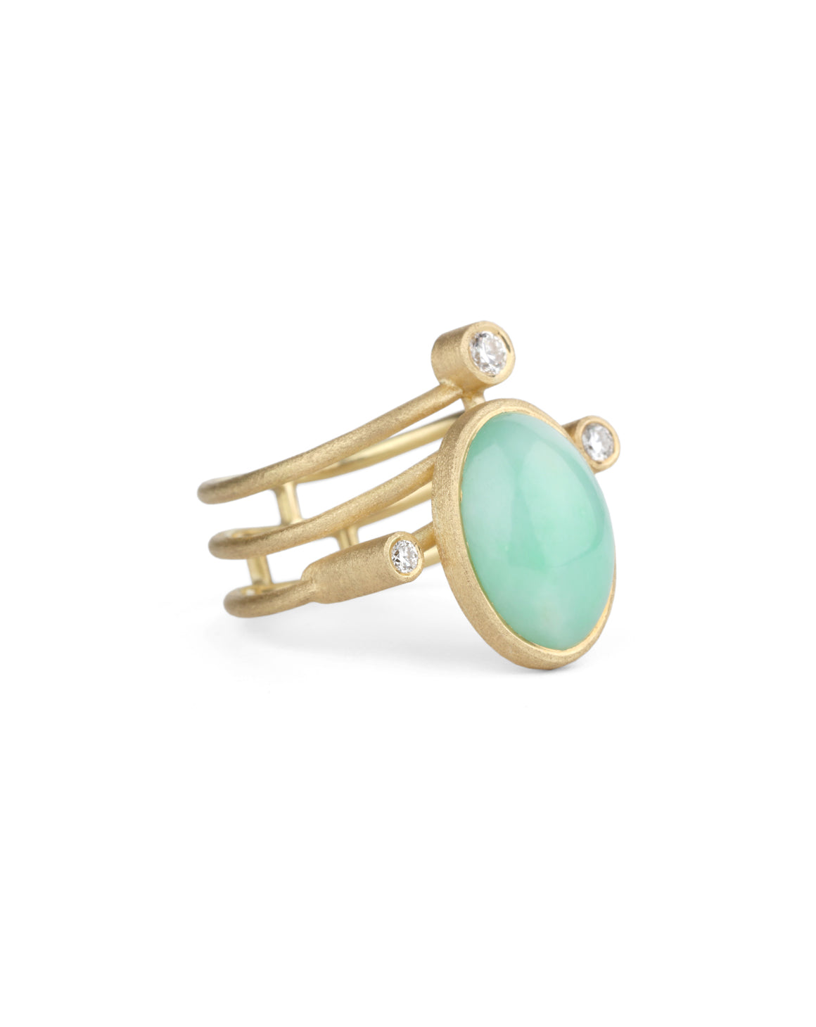 Light green jadeite and white diamond statement ring. Spiral band, 18ct yellow gold, textured finish. Side view.