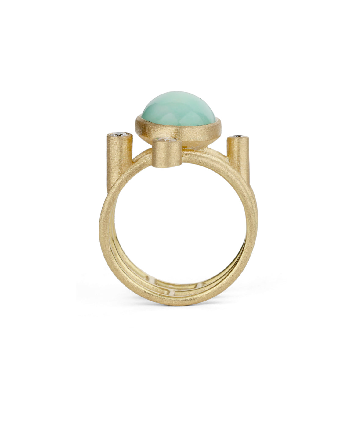 Light green jadeite and white diamond statement ring. Spiral band, 18ct yellow gold, textured finish. Side view.