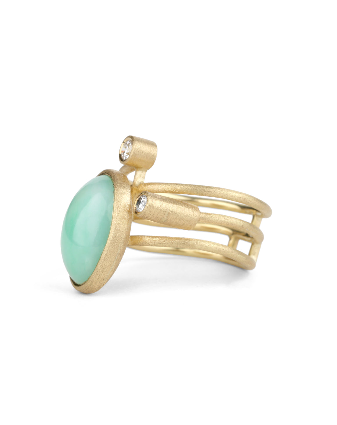 Light green jadeite and white diamond statement ring. Spiral band, 18ct yellow gold, textured finish. Side view.