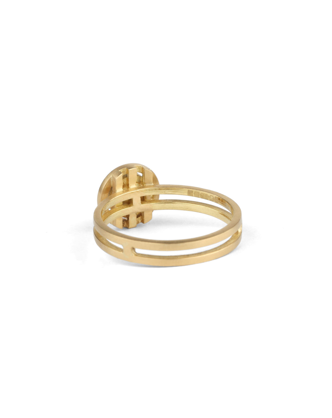 Light yellow sapphire ring with circular detail and double band. 18ct yellow gold, textured finish. Back view.