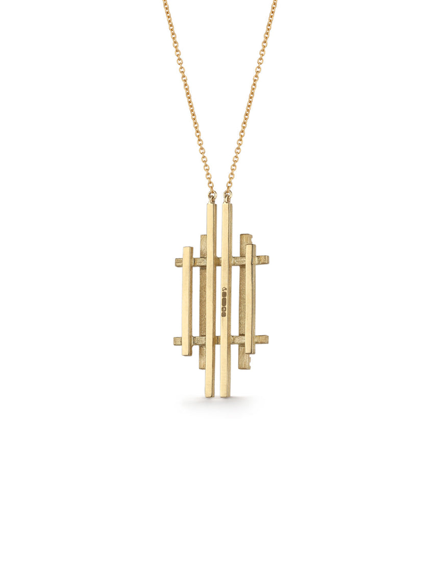 Geometric linear pendant with tiny diamond line detail. 18ct yellow gold, textured finish. Back view.