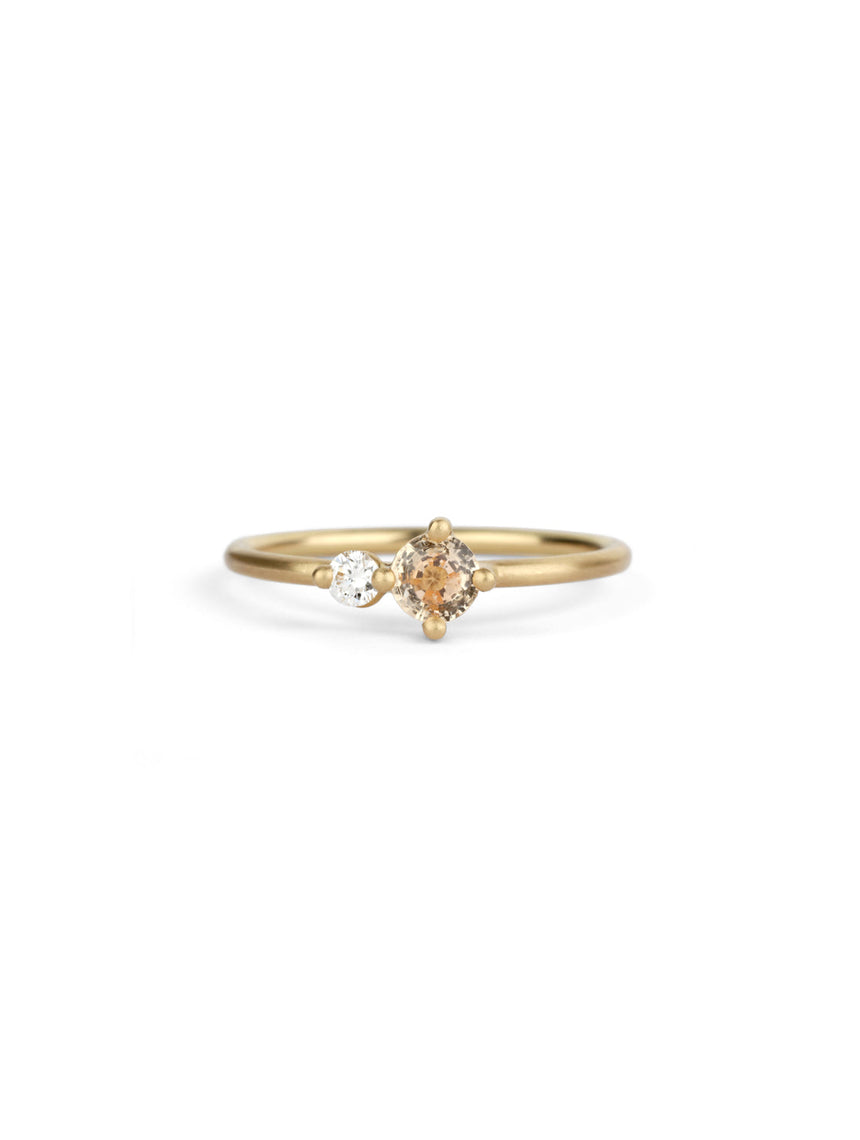 Peach Sapphire and Natural Diamond Round Duo Ring