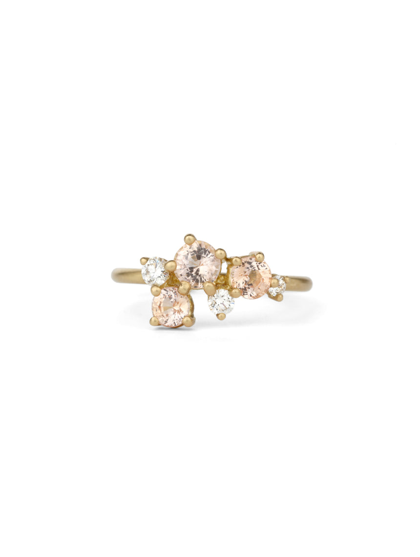 Peach Sapphire and Diamond Vela Cluster Ring