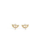 Ear studs with white pearls and double semi circle detail. 18ct yellow gold, textured finish. Back view.