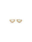 Ear studs with white pearls and double semi circle detail. 18ct yellow gold, textured finish.