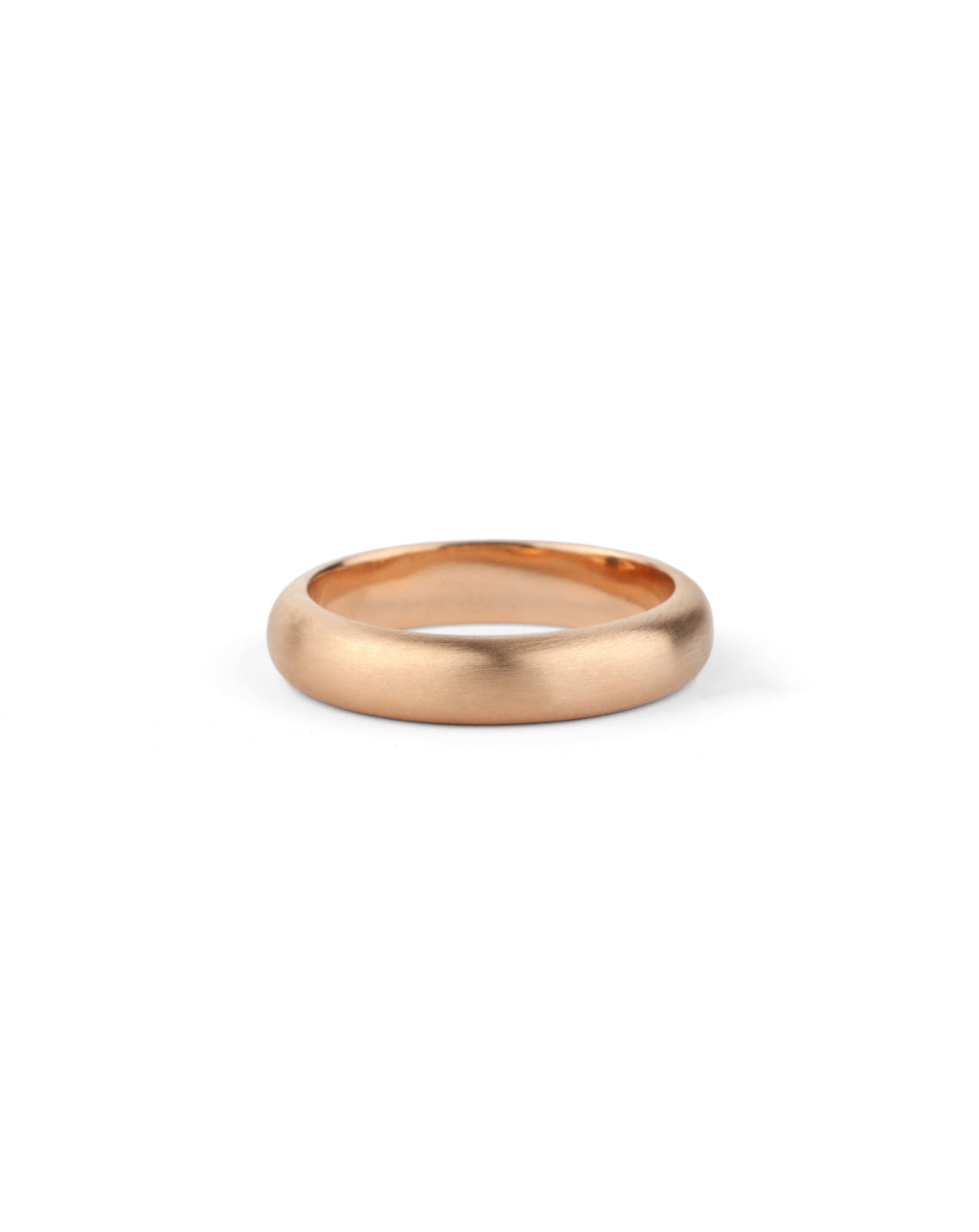 Rounded wedding band. 18ct rose gold, satin finish.
