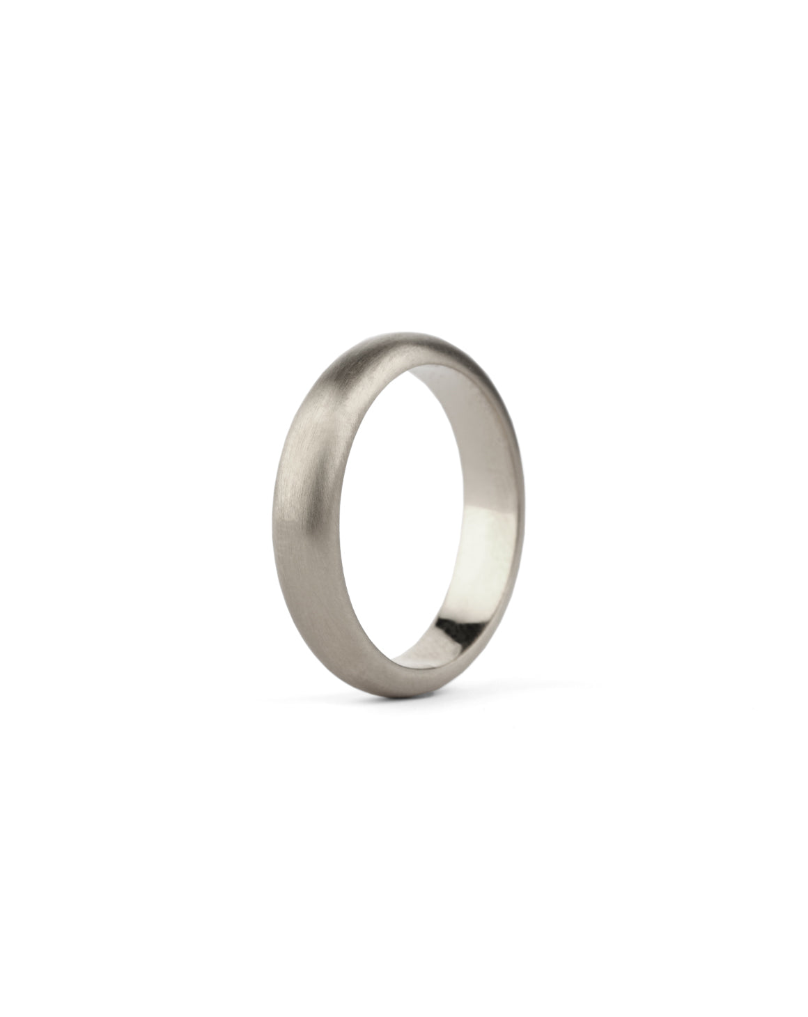 Rounded wedding band. 18ct white gold, satin finish.