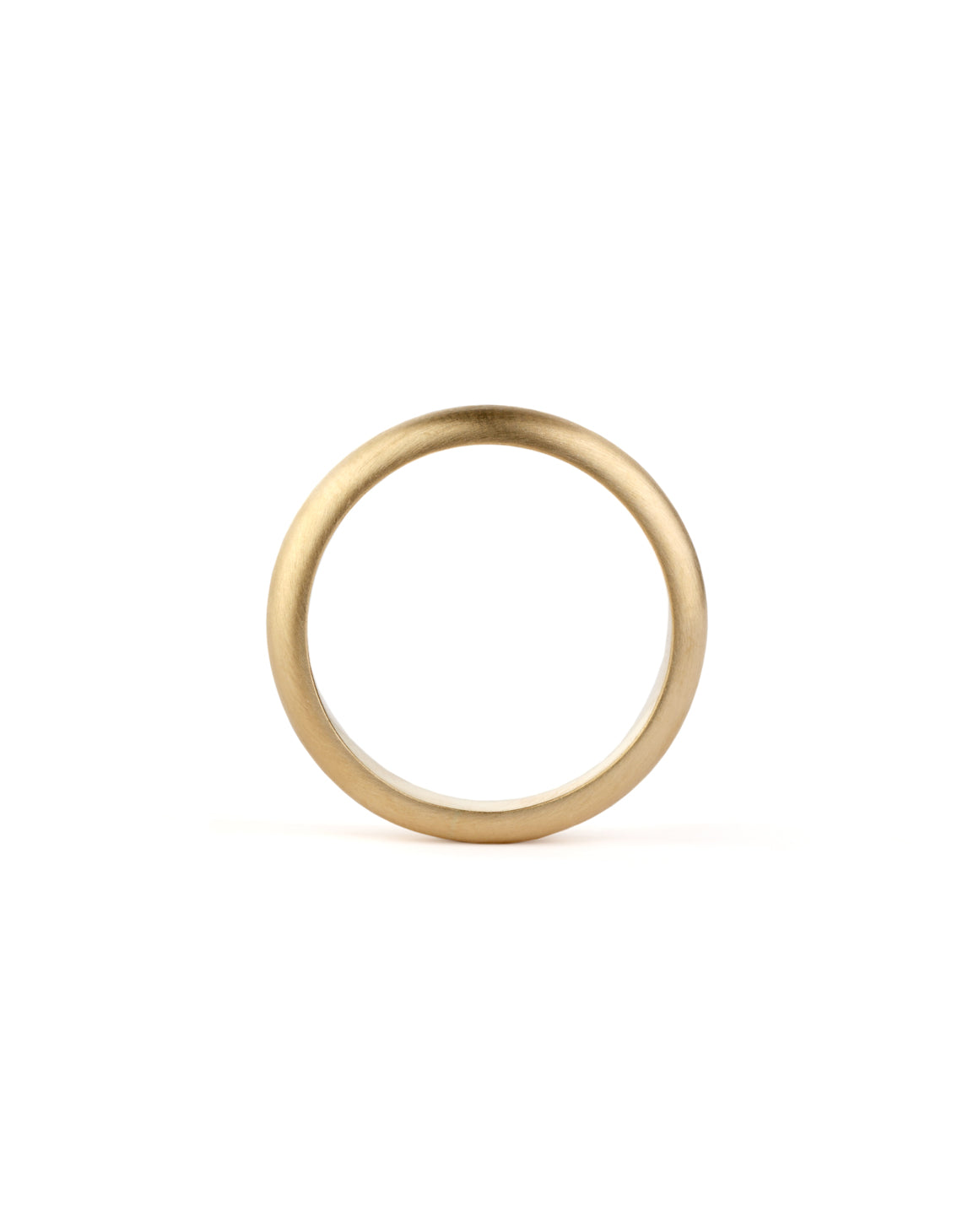 Rounded wedding band. 18ct yellow gold, satin finish. Side view.