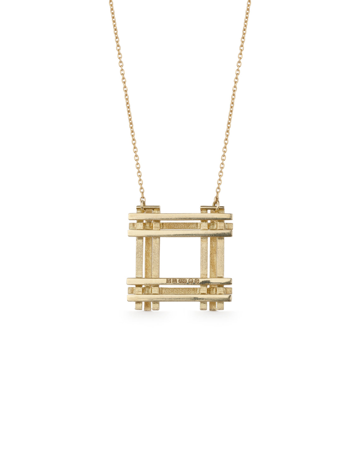 Geometric pendant with square structure detail and four tiny diamonds. 18ct yellow gold textured finish. Back detail.