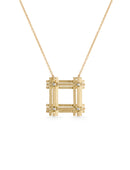Geometric pendant with square structure detail and four tiny diamonds. 18ct yellow gold textured finish.