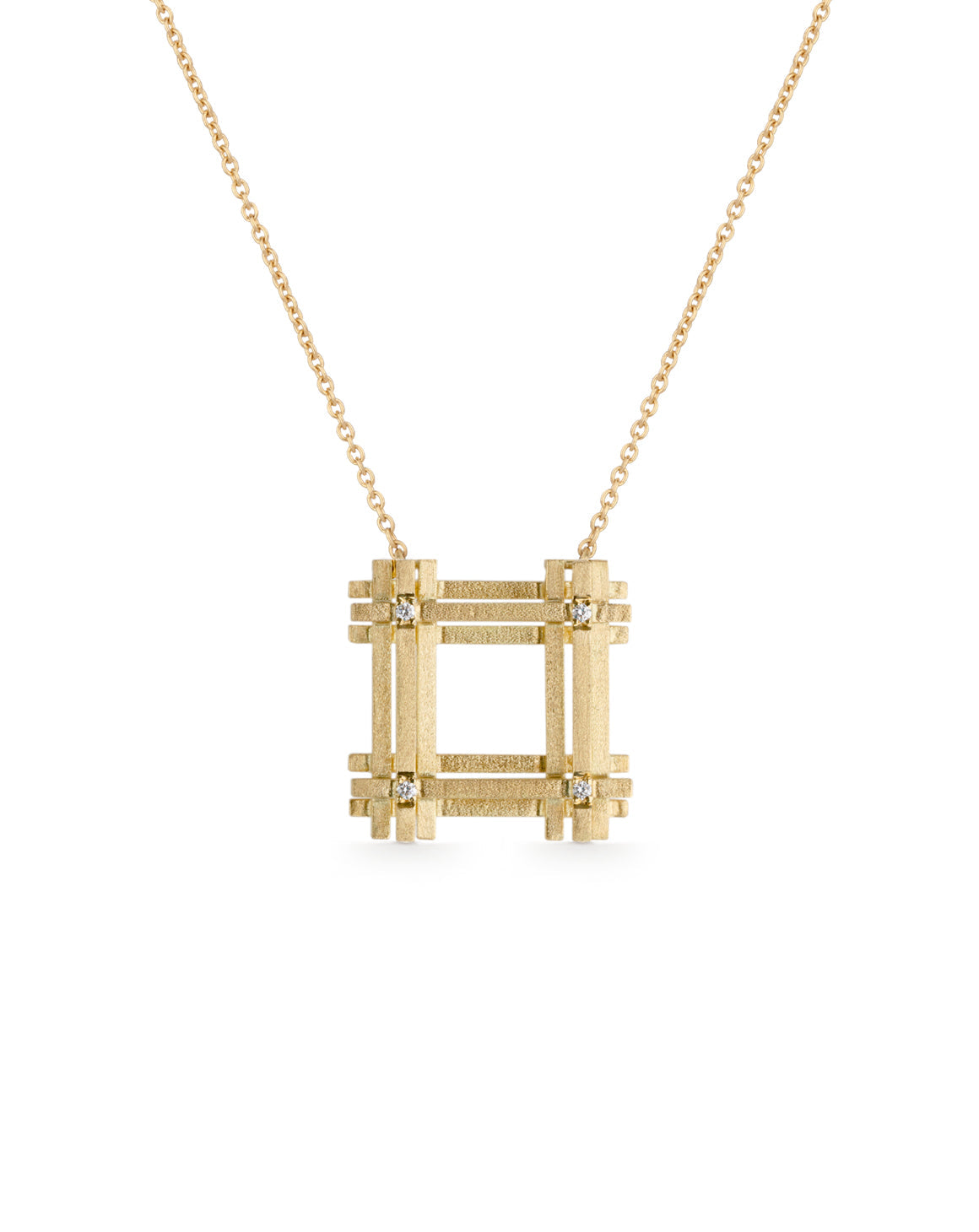 Geometric pendant with square structure detail and four tiny diamonds. 18ct yellow gold textured finish.