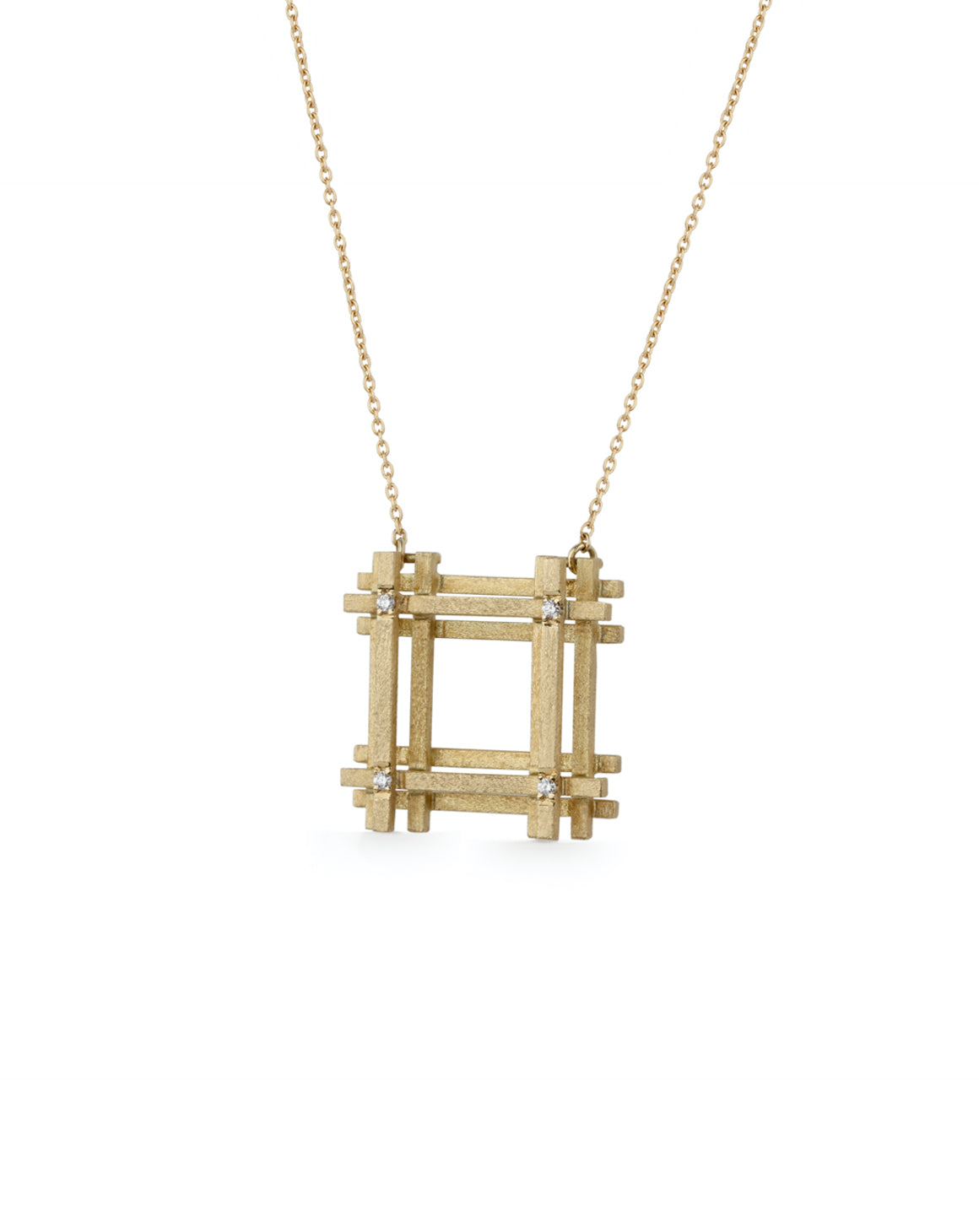 Geometric pendant with square structure detail and four tiny diamonds. 18ct yellow gold textured finish.