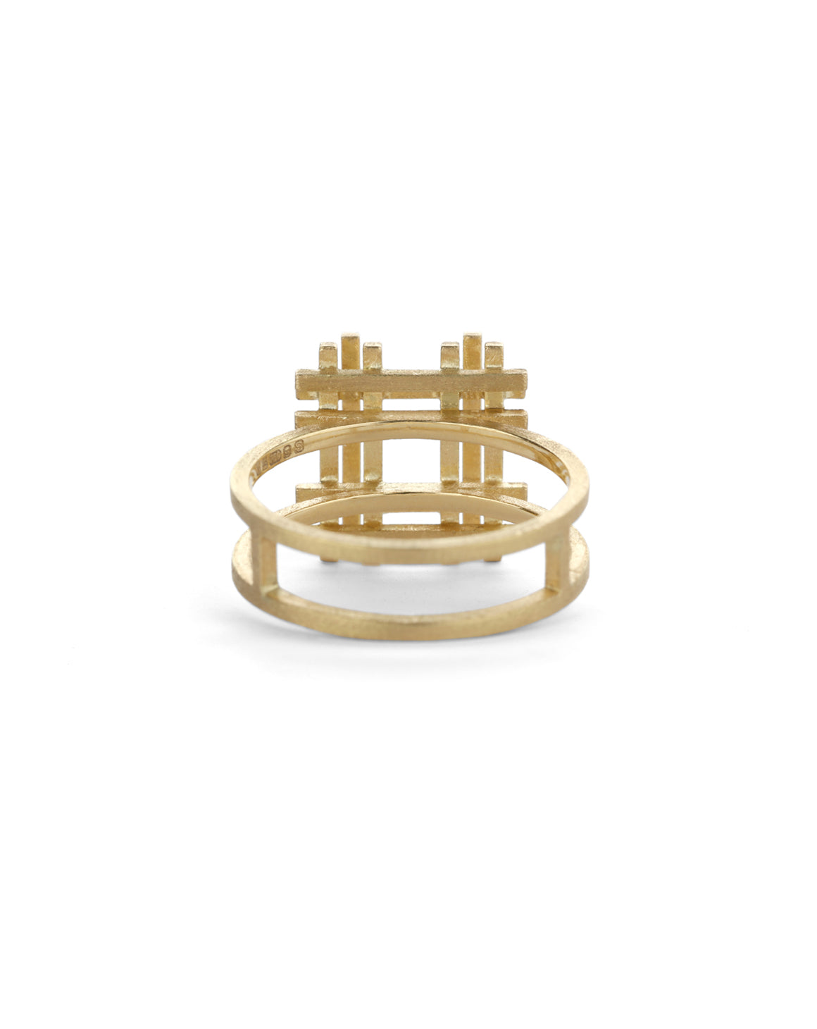 Geometric statement ring with square form and four white diamonds. 18ct yellow gold, textured gold. Back view.