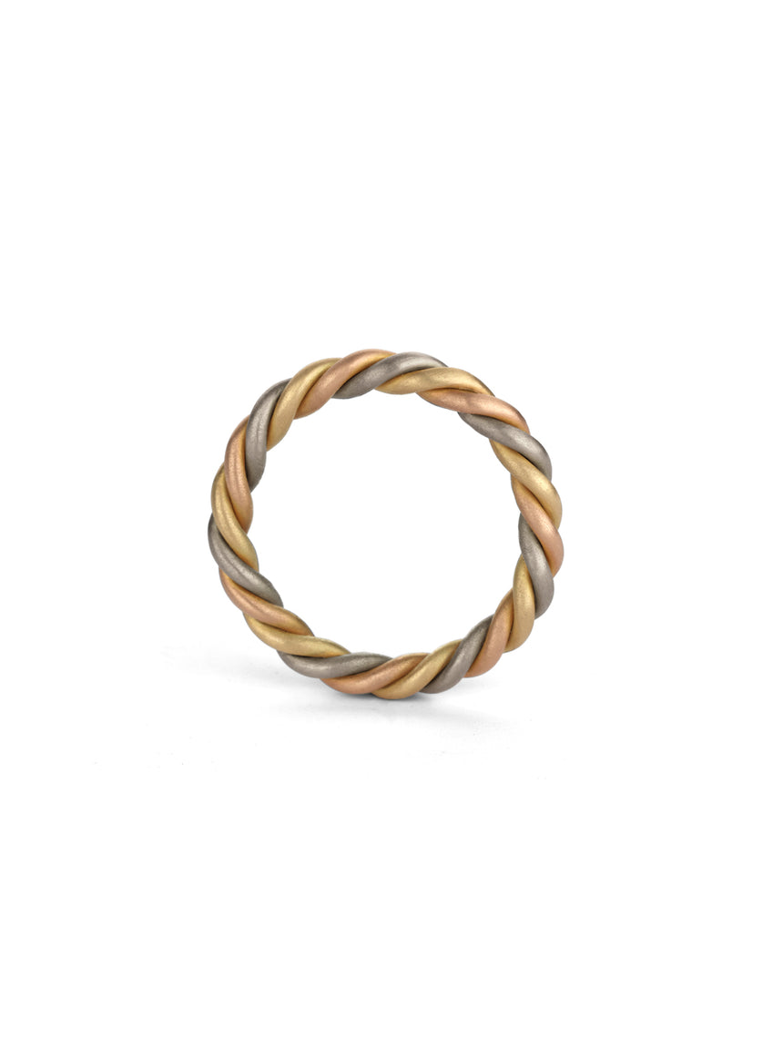 Rope style ring in 18ct yellow, rose and white gold, satin finish.