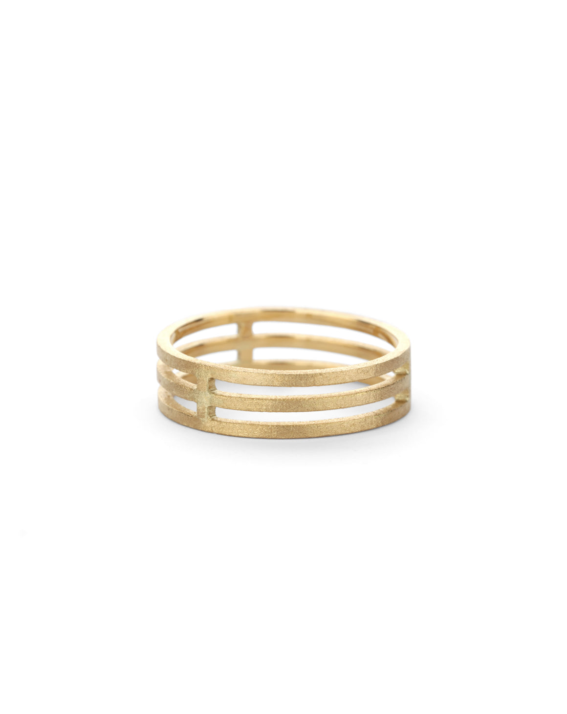 Three band wide wedding ring in 18ct yellow gold, textured finish.