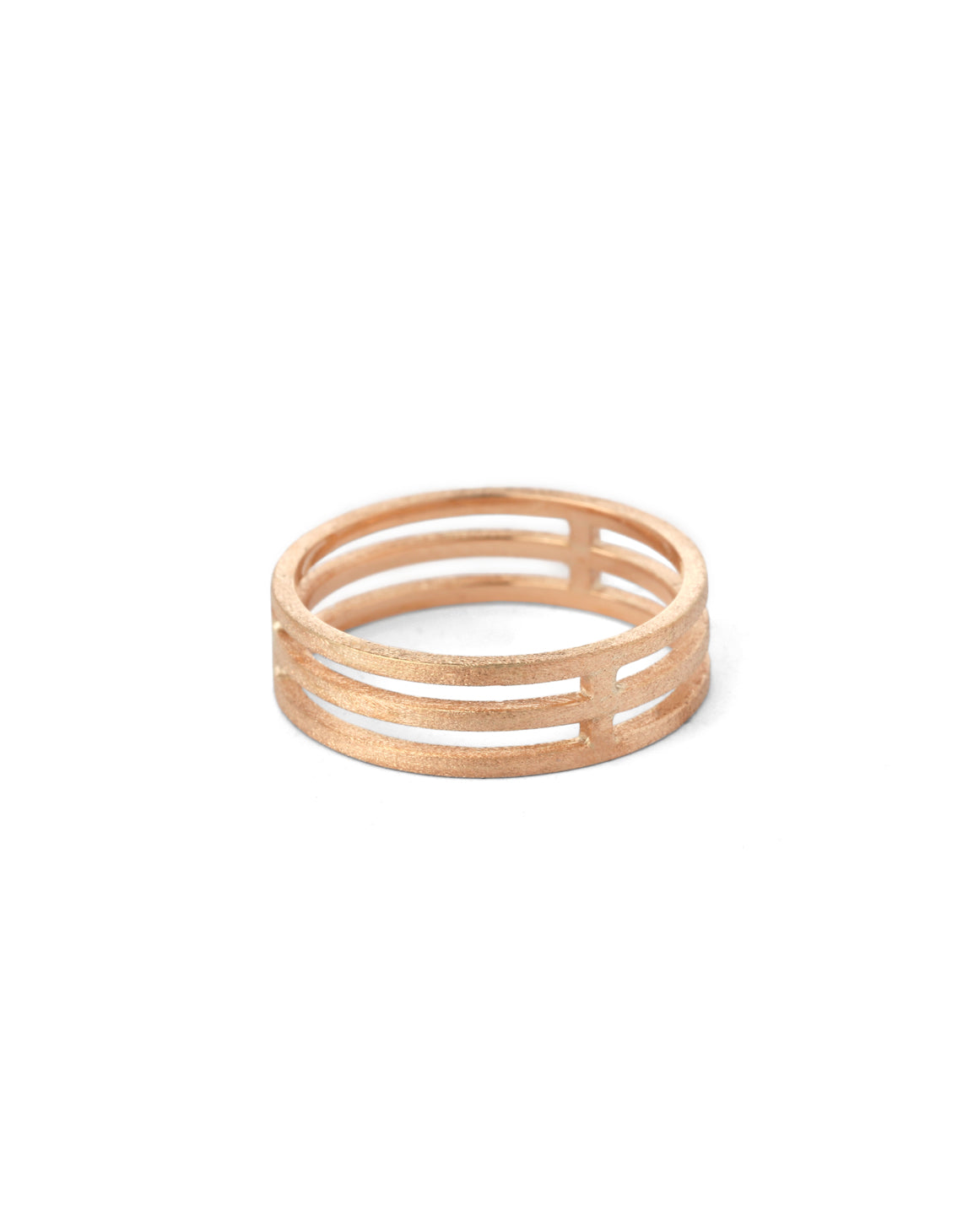 Three band wide wedding ring in 18ct rose gold, textured finish.