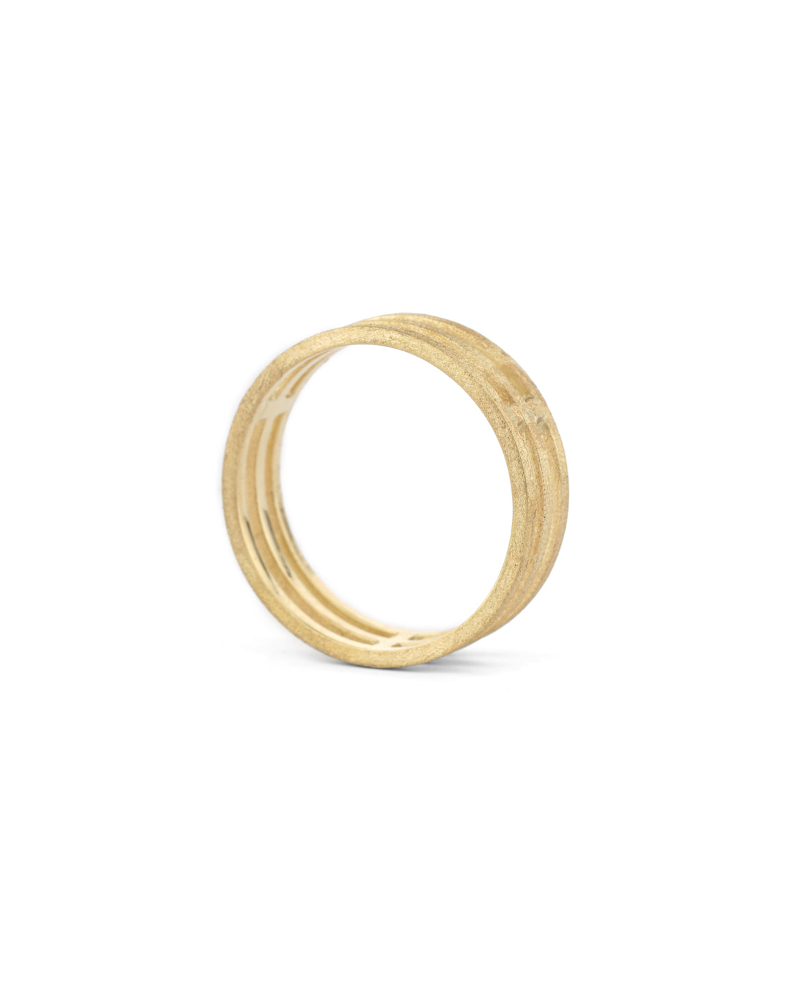 Three band wide wedding ring in 18ct yellow gold, textured finish.