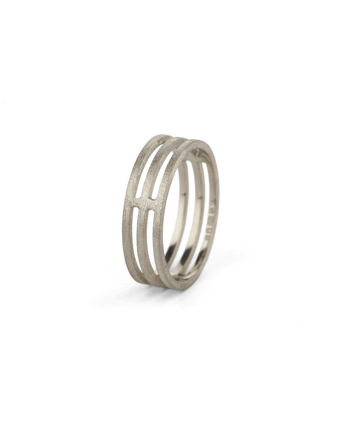 Three band wide wedding ring in 18ct white gold, textured finish.