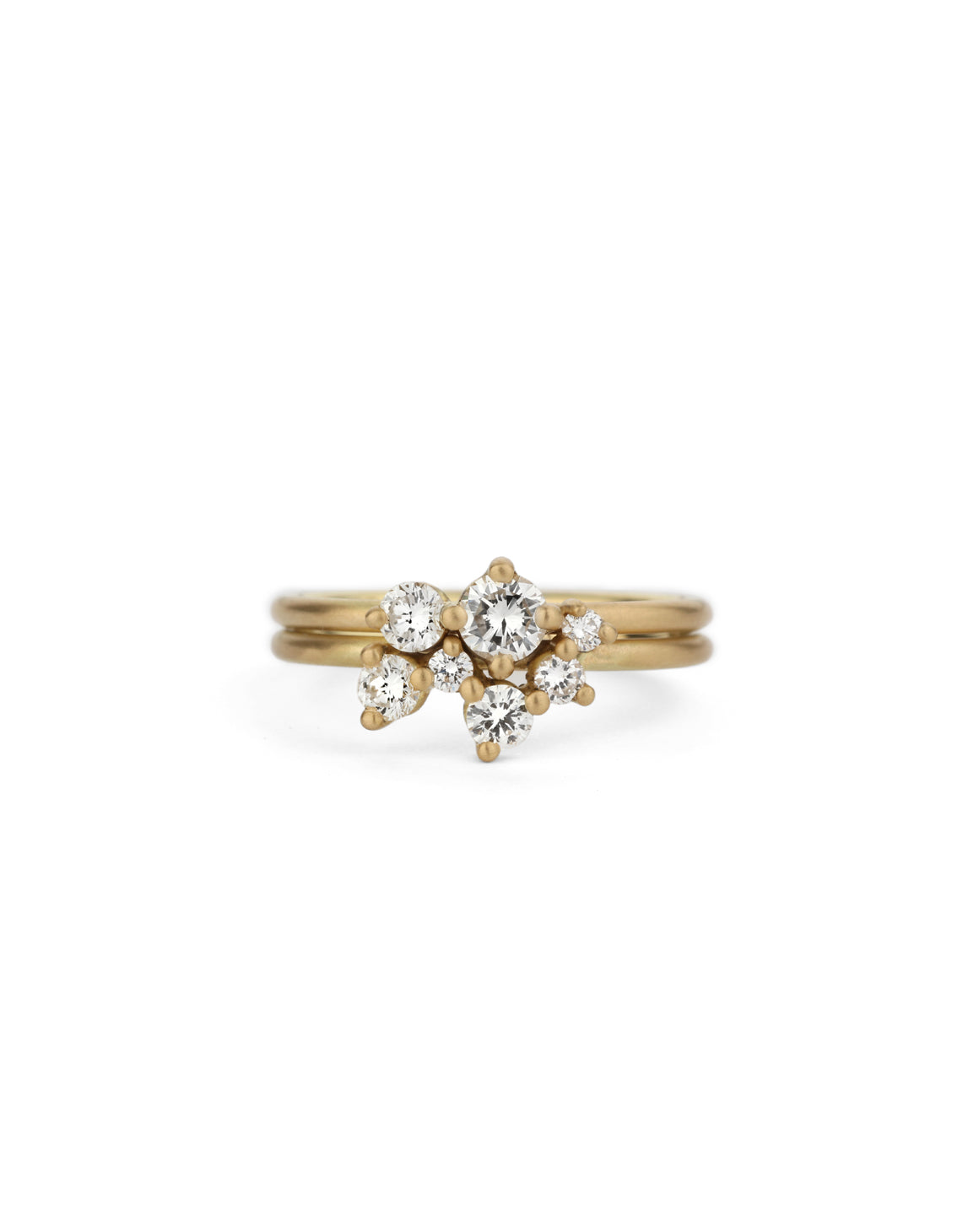 Cluster style fitted ring set, round white diamonds. 18ct yellow gold, satin finish.