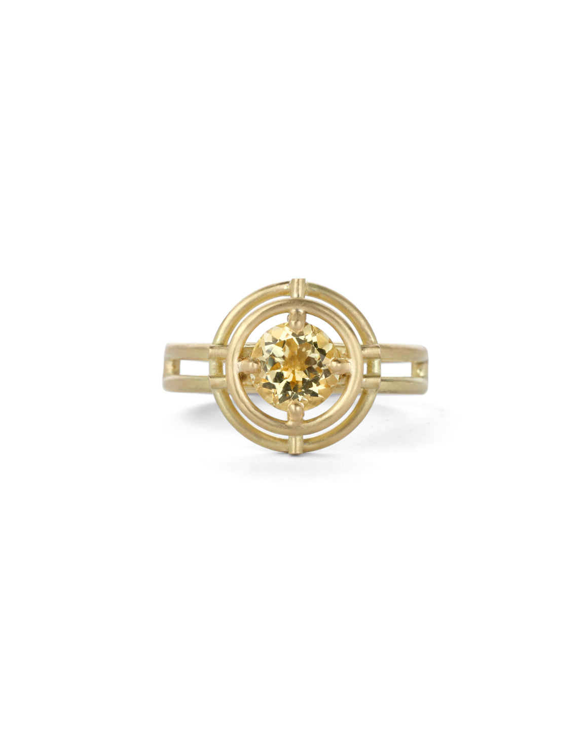 Geometric Ring with two concentric circles surrounding a yellow beryl. 18ct yellow gold, satin finish.