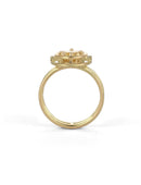 Geometric Ring with two concentric circles surrounding a yellow beryl. 18ct yellow gold, satin finish. Side view.