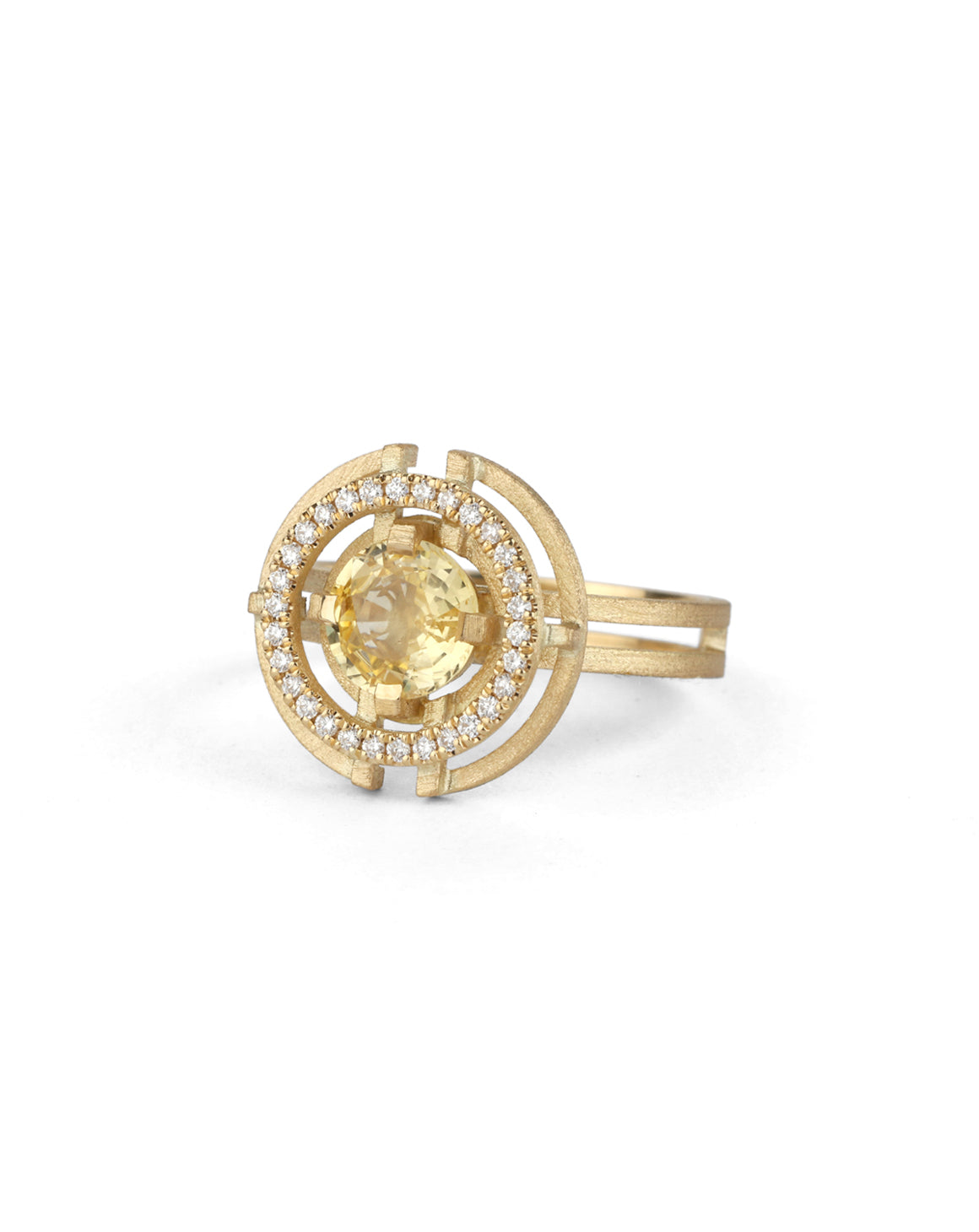 Yellow Sapphire Compass Three Circle Halo Ring